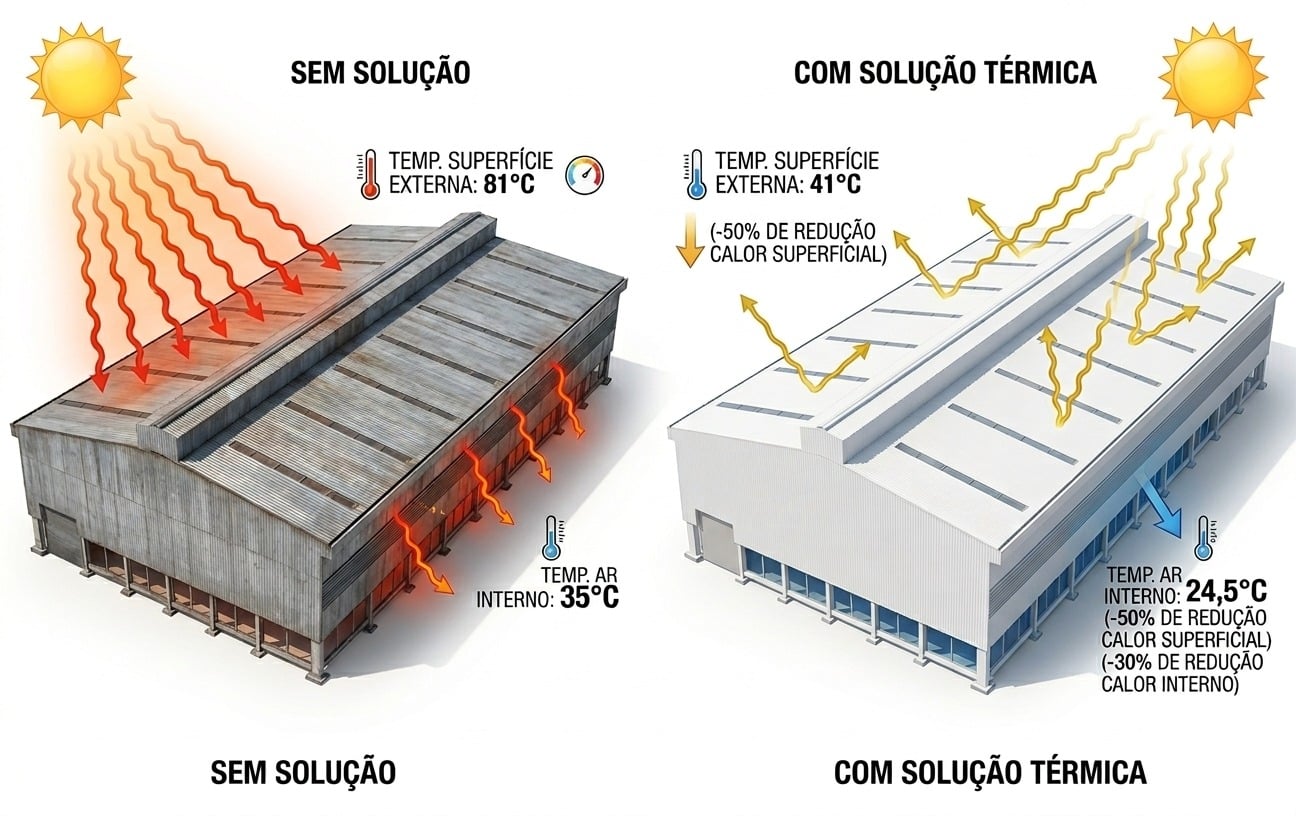 Comparativo de telhado de galpão sem solução térmica (superfície 81°C, ar interno 35°C) versus com solução térmica Imperlast 2 em 1 (superfície 41°C, ar interno 24,5°C), com redução de 50% do calor superficial e 30% do calor interno
